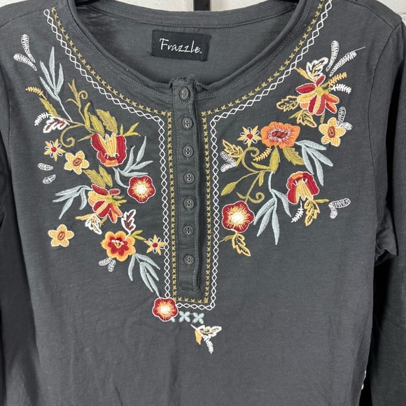 Frazzle Dark Gray Long Sleeves Embroidered Top Size Small - Picture 3 of 7